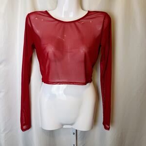 Adome Red Sheer Mesh Crop Top Long Sleeve Shirt Y2K Rave Clubwear Festival Small